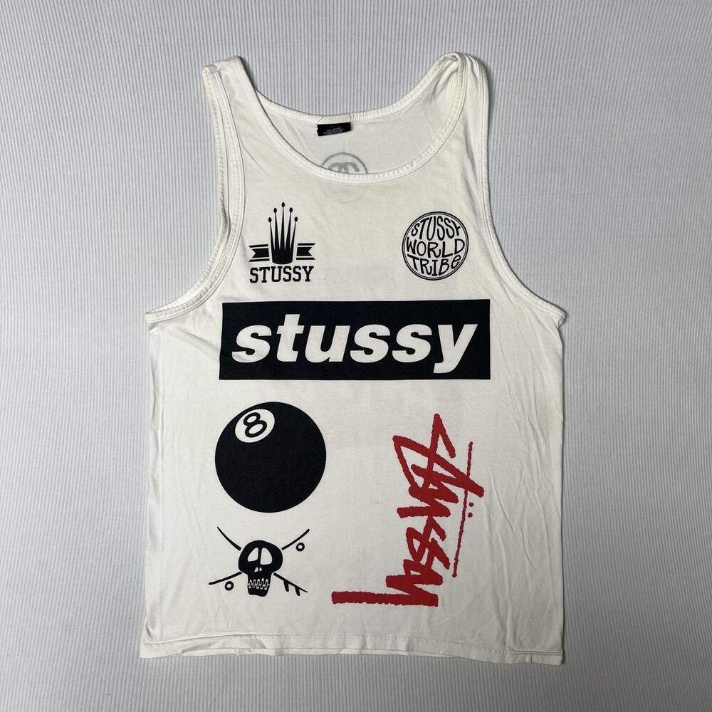 Stussy Shirt Mens M White 8-Ball Skull Logo Graphic Tank Top Streetwear Skate